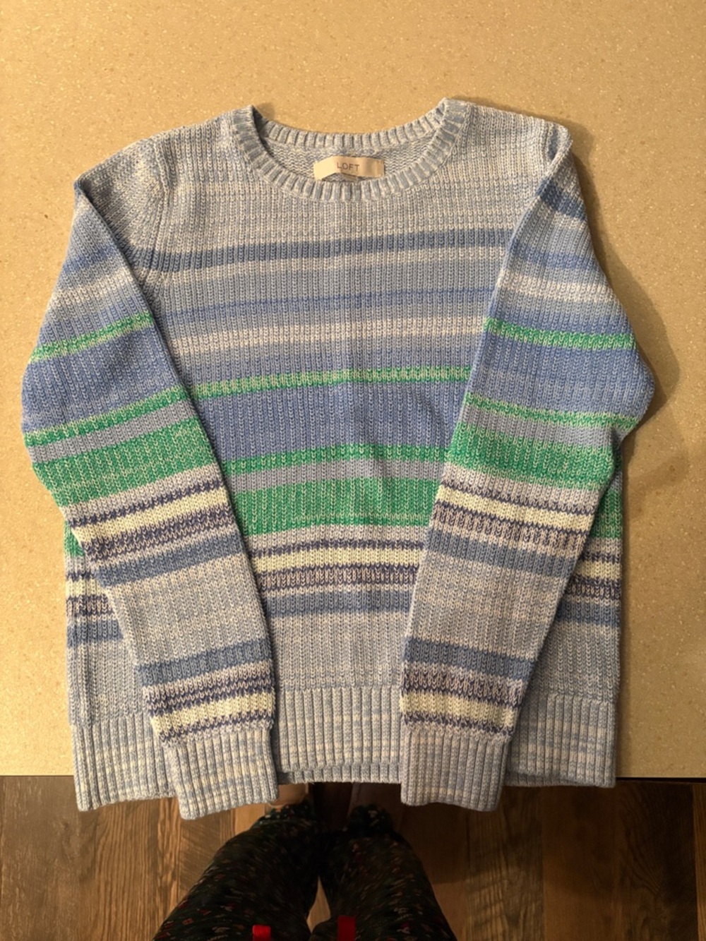 LOFT Striped Knit Sweater in Light Blue, Green, White
